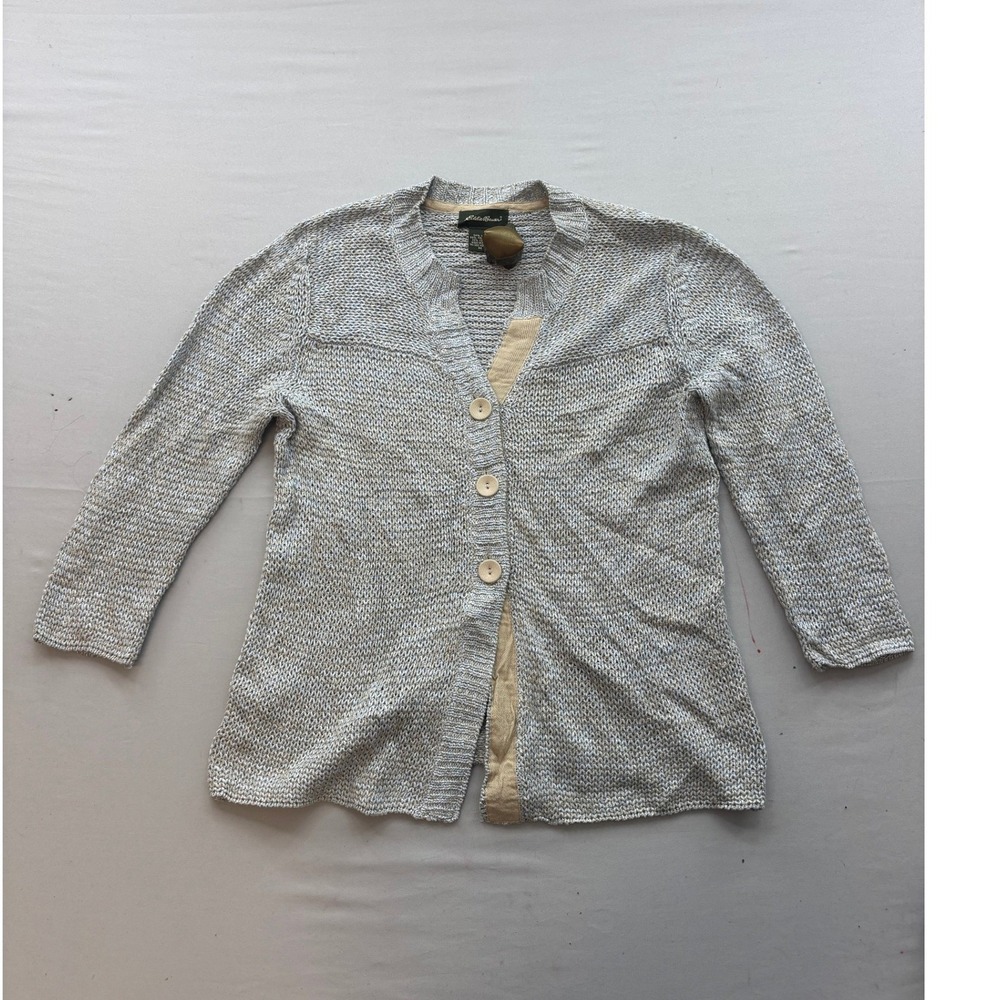 Eddie Bauer Womens Blue Linen Blend Marled Knit Button Front Cardigan Sweater M